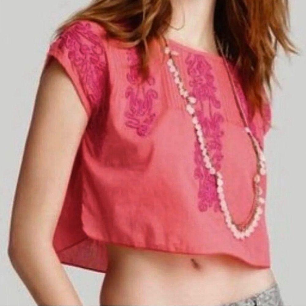 Free People 100% Cotton Coral Embroidered Crop Top W25.036